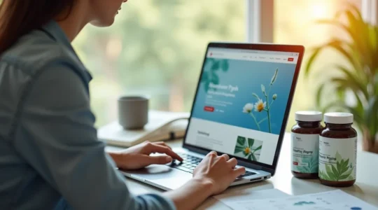 Professional woman researching online pharmacy options on laptop with natural health products