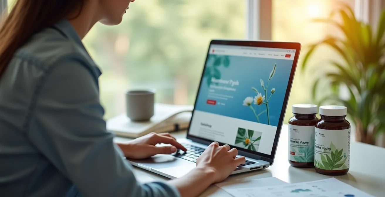 Professional woman researching online pharmacy options on laptop with natural health products