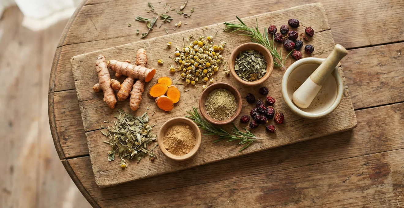 Turmeric root and herbs arranged on wooden surface