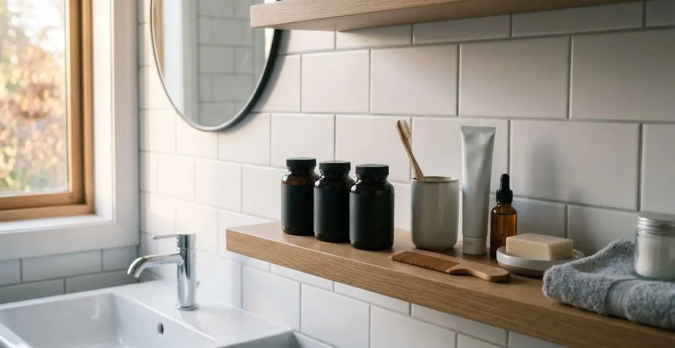 Joint supplement bottles on bathroom shelf showing daily supplementation routine