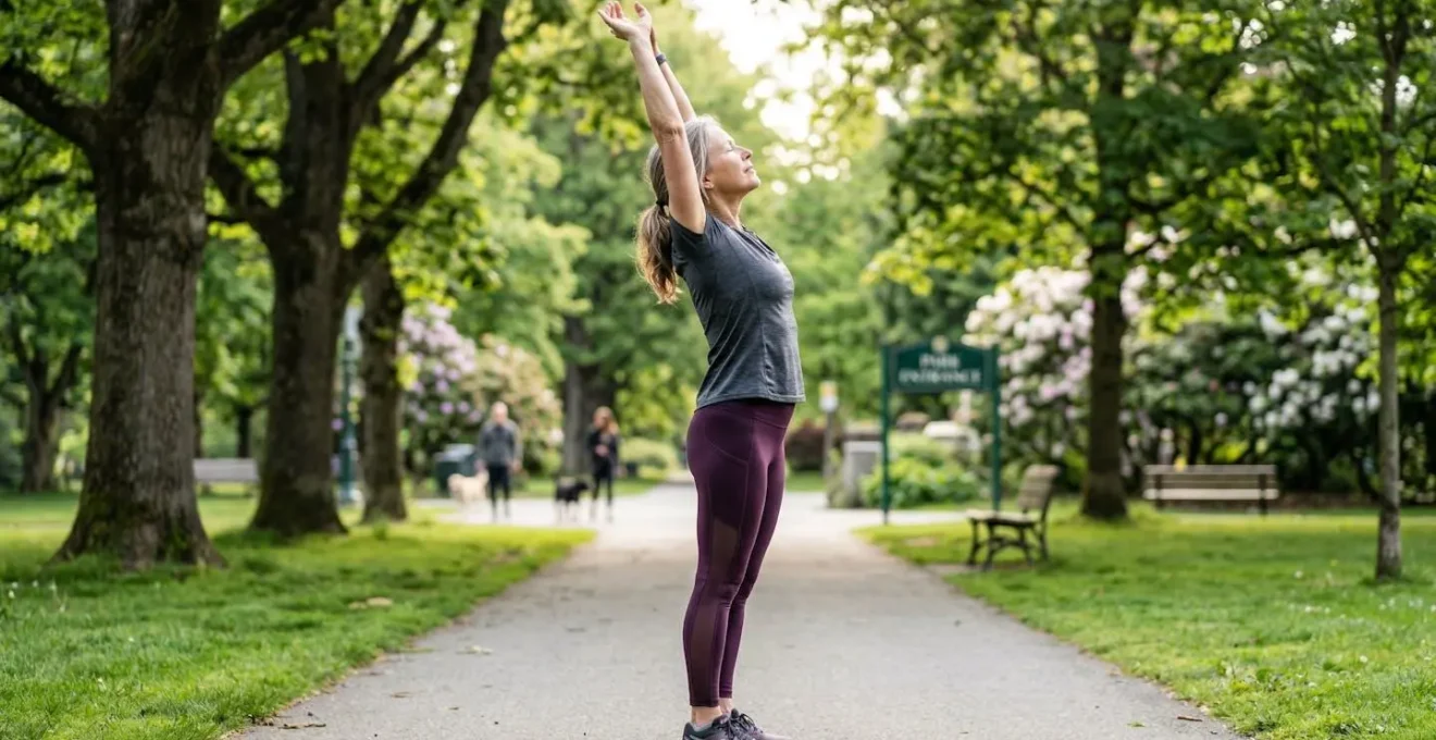 A woman in her fifties performs a gentle standing stretch outdoors in morning light, arms extended overhead, viewed from the side