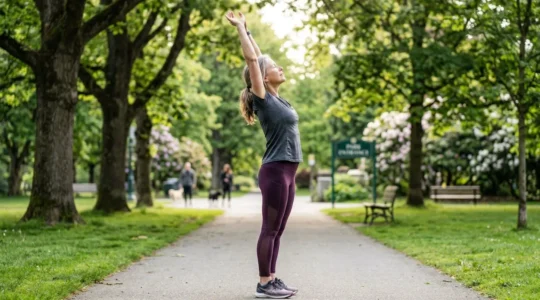 A woman in her fifties performs a gentle standing stretch outdoors in morning light, arms extended overhead, viewed from the side