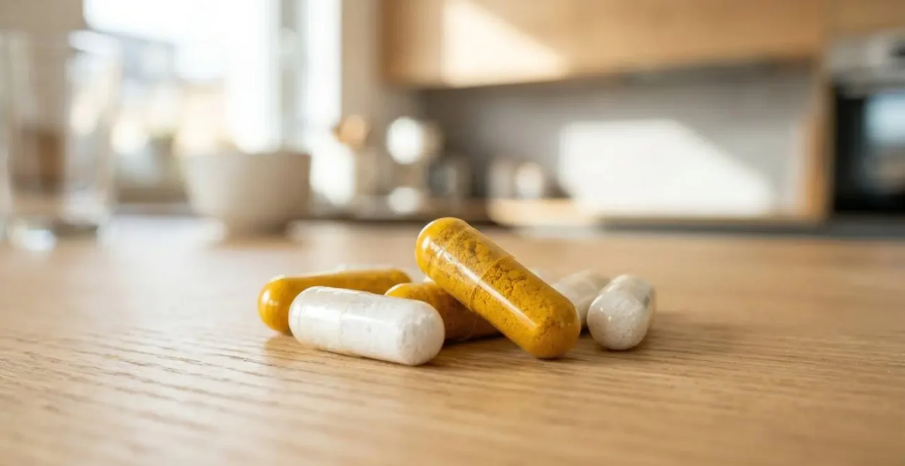 Extreme close-up of yellow curcumin capsules and white MSM powder in a small glass dish on a clean wooden kitchen surface, natural side lighting