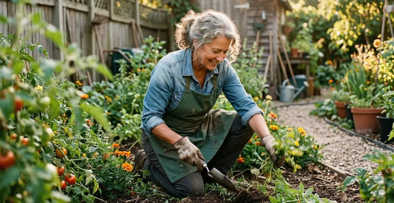A senior person kneeling in a garden bed, hands working with soil around flowering plants, natural afternoon light creating soft shadows.