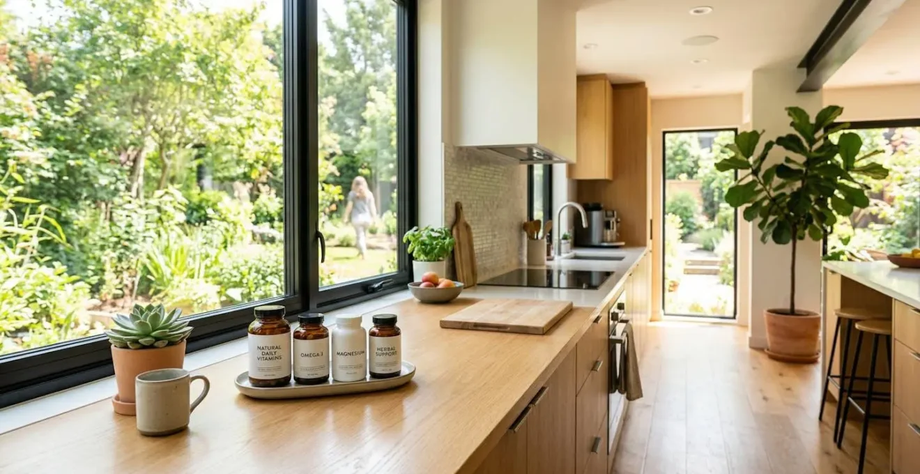 Wide angle view of a clean contemporary kitchen counter with supplement bottles organized near a window, abundant natural morning light, plants visible, minimal modern aesthetic