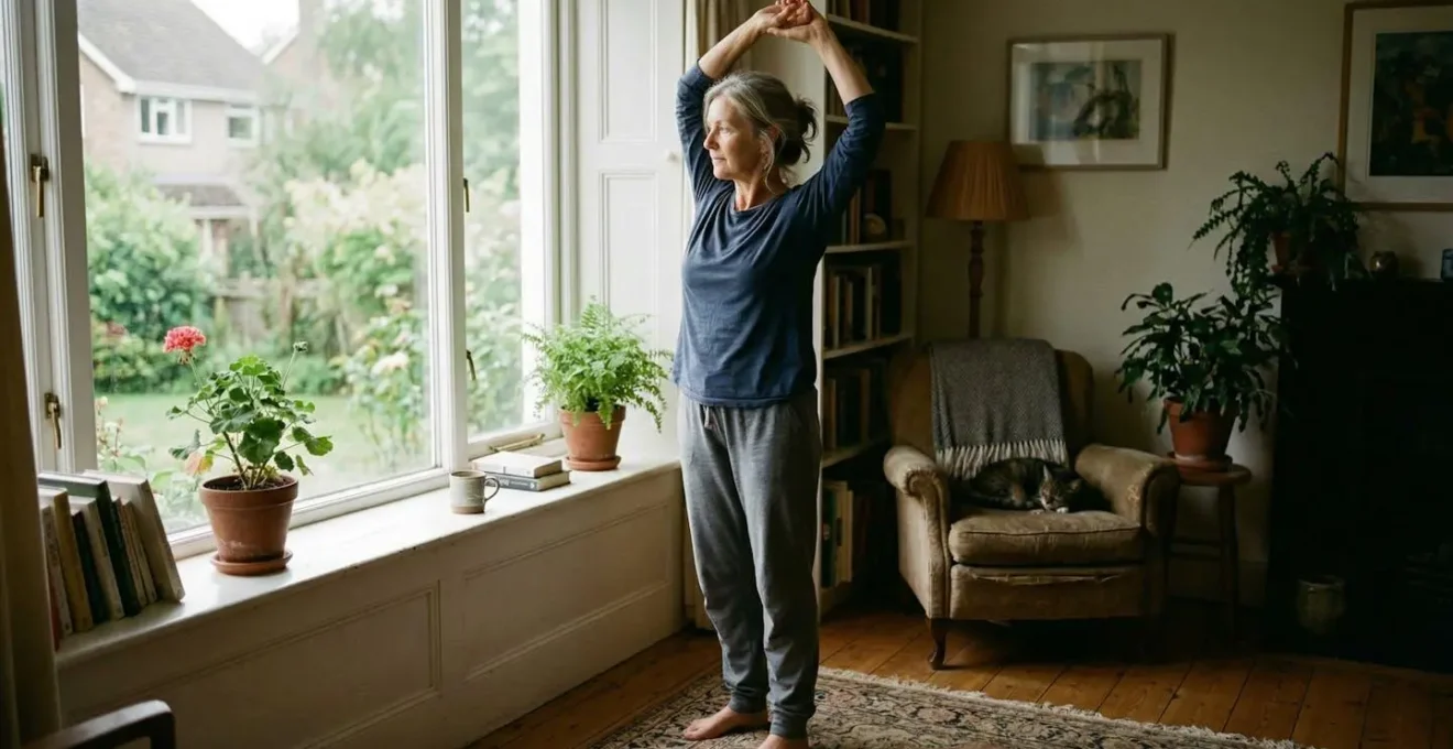 A mature woman stretches gently near a window in early morning light, hands reaching toward her knees during a simple mobility routine.