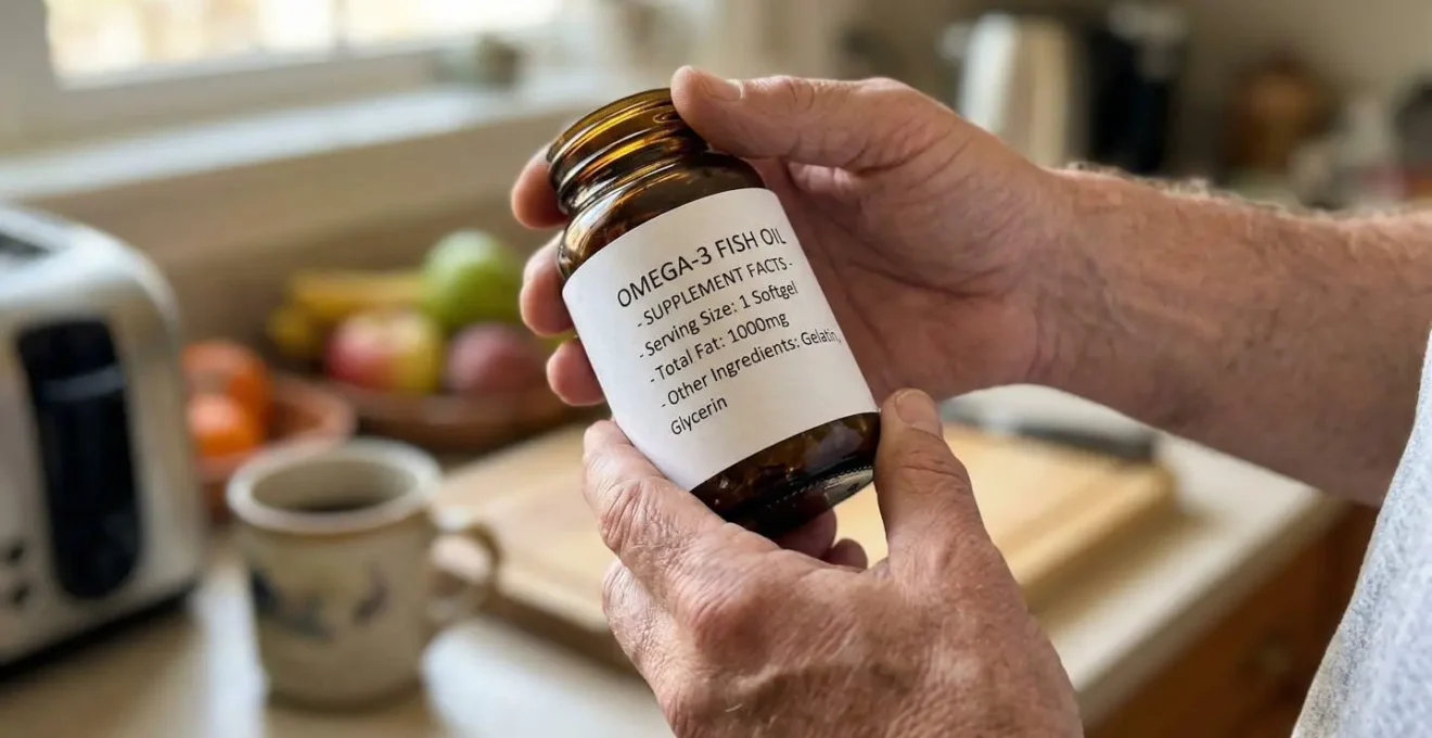 Hands of a mature person examining a supplement bottle label at a kitchen counter with natural morning light filtering through a window.